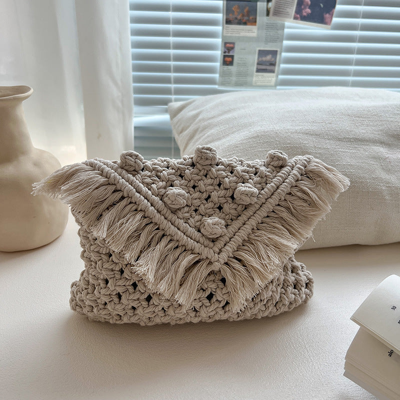 Bolso cruzado de algodón con borlas para mujer, bandolera de paja, para vacaciones y playa 
