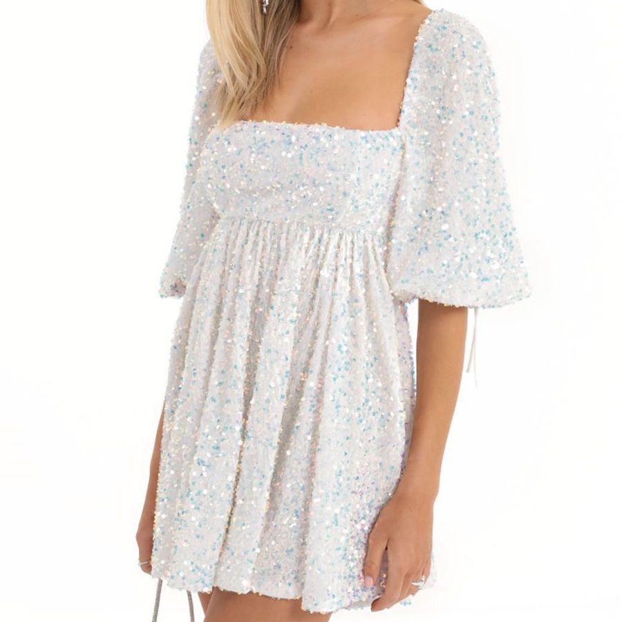 Plus Size Loose Version Sequin Dress Summer Casual round Neck Short Sleeve Solid Color Wide Hem Dress CYSM