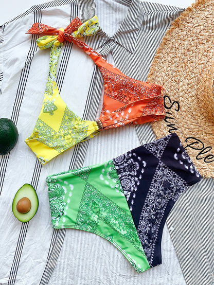 Bikini Double Bikini Print Stitching Swimsuit Swimsuit Strap Knotted Swimsuit Women Bikini