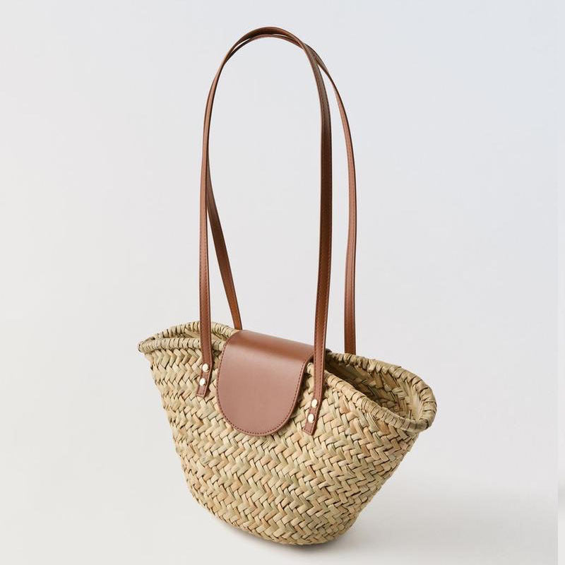 Bolso de paja natural para hombro, bolso tejido con costuras de piel sintética, bolso de playa para vacaciones, bolso de ratán a juego. 
