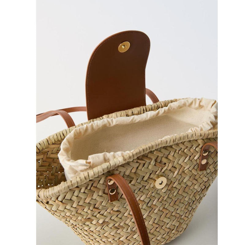 Bolso de paja natural para hombro, bolso tejido con costuras de piel sintética, bolso de playa para vacaciones, bolso de ratán a juego. 