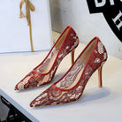 Sexy Lace High Heeled Shoes Shallow Mouth Pointed Toe Skinny Night Club Mesh Stiletto High Heel Shoes ForestFootwear