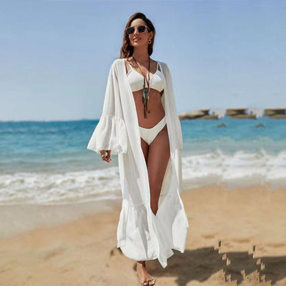 Cárdigan largo de gasa con mangas acampanadas y protección solar para playa, bikini, traje de baño, blusa
