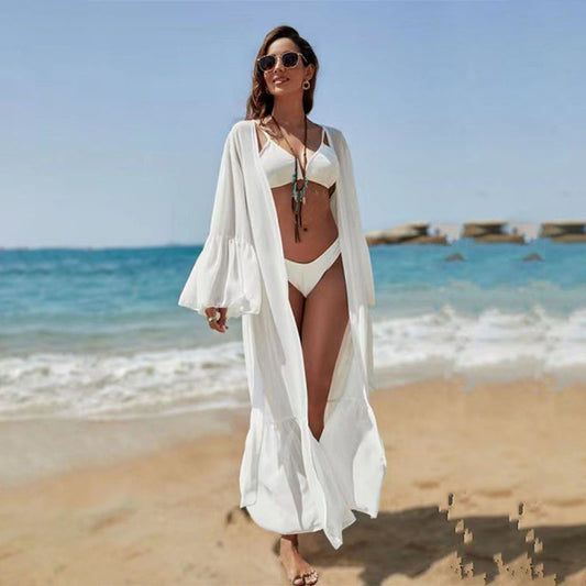 Cárdigan largo de gasa con mangas acampanadas y protección solar para playa, bikini, traje de baño, blusa