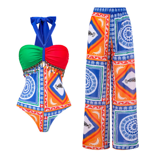 Sexy One Piece Swimsuit Women Conservative Cover Belly Lace up Swimsuit Spring Chiffon Beach Skirt Set