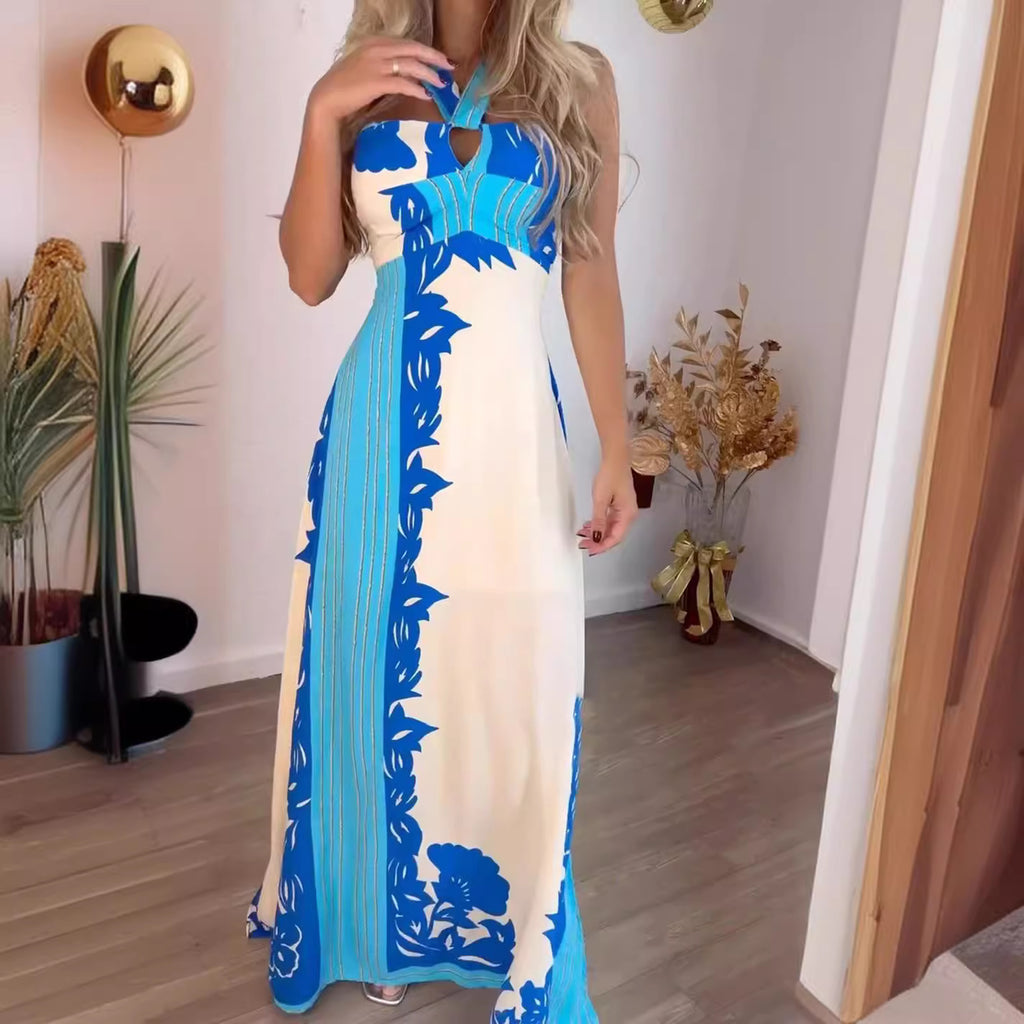Women Clothing Summer Halter Sexy Color Block Vacation Beach Long Printed Dress SCC