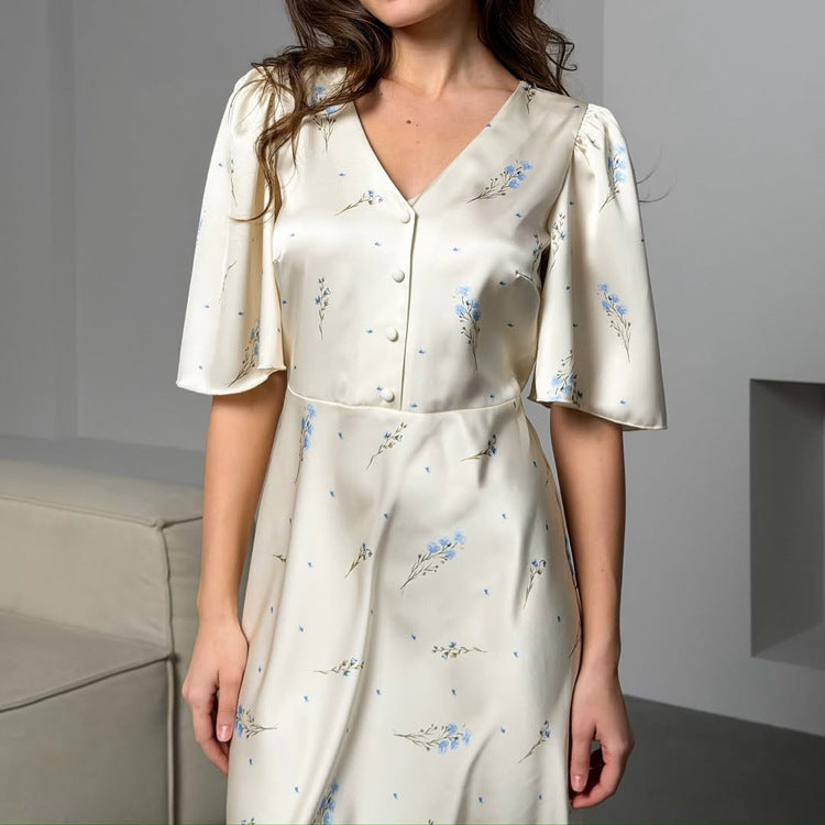 French V neck Floral Women Advanced Satin Short Sleeve High Waist Elegant Maxi Dress Kigali