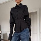 Court White Cotton Shirt Women Light Luxury Pleat Waisted Slim-Fit Long-Sleeved Collared Shirt FOREVEREIGHTEEN
