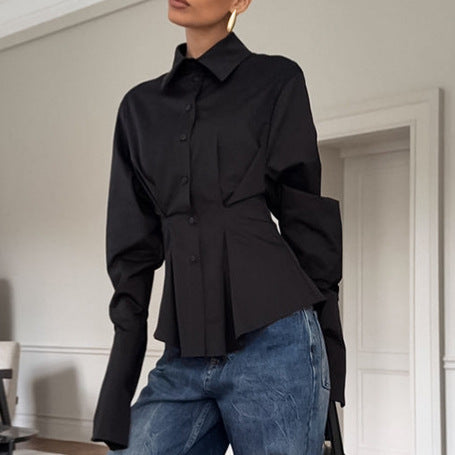 Court White Cotton Shirt Women Light Luxury Pleat Waisted Slim-Fit Long-Sleeved Collared Shirt FOREVEREIGHTEEN