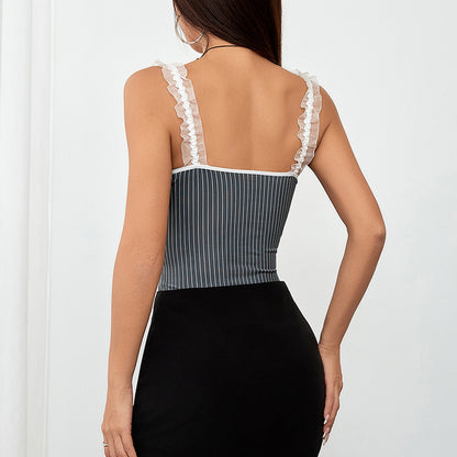 Women Striped Bow Suspenders Stitching Lace Slim Jumpsuit Women Clothing