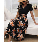 Women Clothing Summer Printed V neck Sexy Mid Length Maxi Dress NEWMELANCE