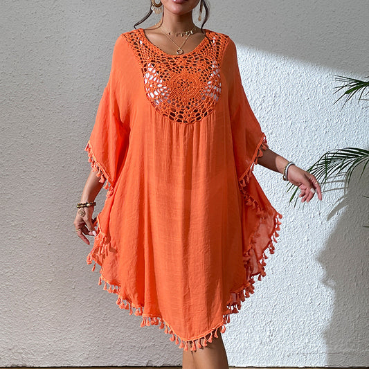 Slubbed Fabric Stitching Hand Crocheting Beach Cover-up Sexy Loose Vacation Sun Protection Shirt Beach Cover Up