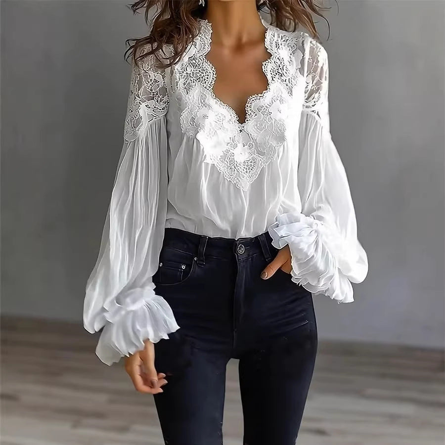 Women Lace Stitching Puff Sleeve Pleated Shirt NICE