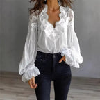Women Lace Stitching Puff Sleeve Pleated Shirt NICE