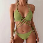 Bikini Halter Cross Split Sexy Cropped Outfit Three Piece Sets Swimwear Swimsuit Women MagicSwing