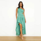 Spring Summer Pleated One Shoulder Diagonal Collar Irregular Asymmetric Solid Color Ripped Dress XUYUN