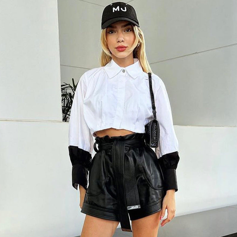 Women Clothing Autumn Polo Collar Stitching Contrast Color Long Sleeves cropped Cardigan Shirt COORAL