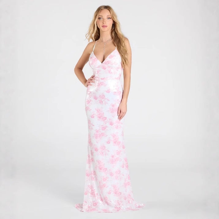 Robe de soirée sexy à sequins roses à fleurs pour femme