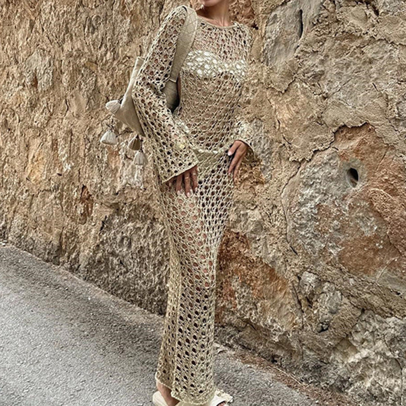 Women Clothes Sexy Hollow Out Cutout Long Sleeved round Neck Maxi Dress Holiday Beach Overskirt Crochet hook Tidee