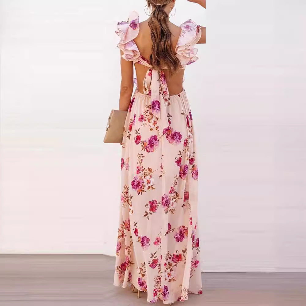 Arrival Women Floral Printing off the Shoulder Stitching Backless Summer Maxi Dress SSFSS