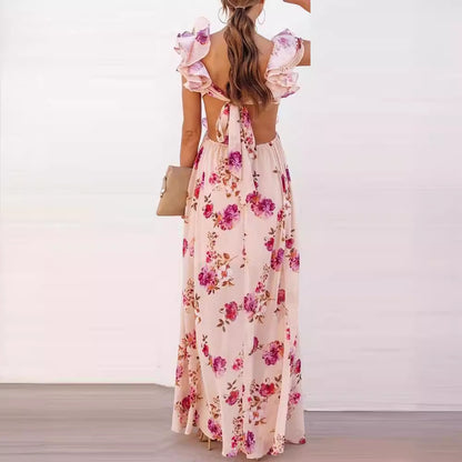 Arrival Women Floral Printing off the Shoulder Stitching Backless Summer Maxi Dress SSFSS