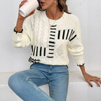 Autumn Winter Retro round Neck Long Sleeve Striped Contrast Color Sweater Women