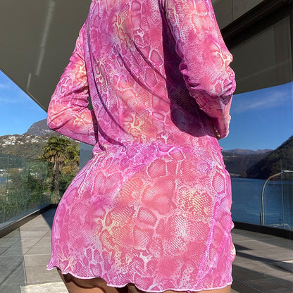 Traje de baño de dos piezas con cuello halter y manga larga, estampado sexy, bikini de tres piezas