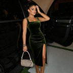 Women Clothing Elegant Velvet Square Collar Strap Dress Women Split Waist Fitted Slimming Hip Wrapped Mid Length Dress Yiskiss