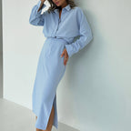 Women Cotton Split Skirt Office Collared Long Sleeve Cardigan Top Two Piece Set