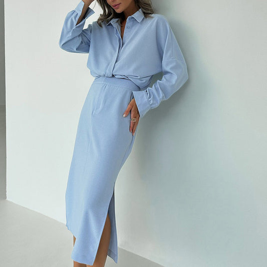Women Cotton Split Skirt Office Collared Long Sleeve Cardigan Top Two Piece Set