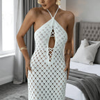 Solid Color Design Hollow Out Cutout out Knitted Dress Sleeveless Backless Lace up Beach Vacation Long Sheath Dress for Women Tidee