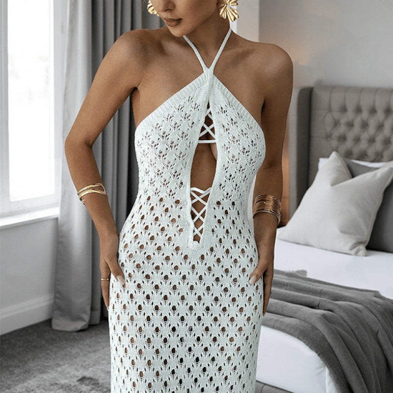 Solid Color Design Hollow Out Cutout out Knitted Dress Sleeveless Backless Lace up Beach Vacation Long Sheath Dress for Women Tidee