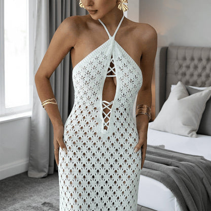 Solid Color Design Hollow Out Cutout out Knitted Dress Sleeveless Backless Lace up Beach Vacation Long Sheath Dress for Women Tidee