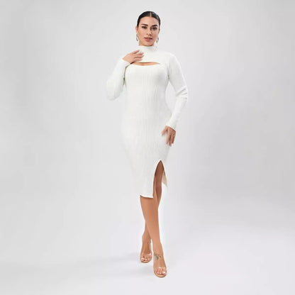 Autumn Women Clothing Half Turtleneck Chest Hollow Out Cutout Design Sweater Skinny Slimming Dress