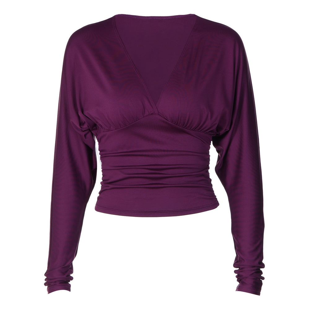 Women Clothing Summer Solid Color Long Sleeve V neck Tight Waist T shirt LEKINS