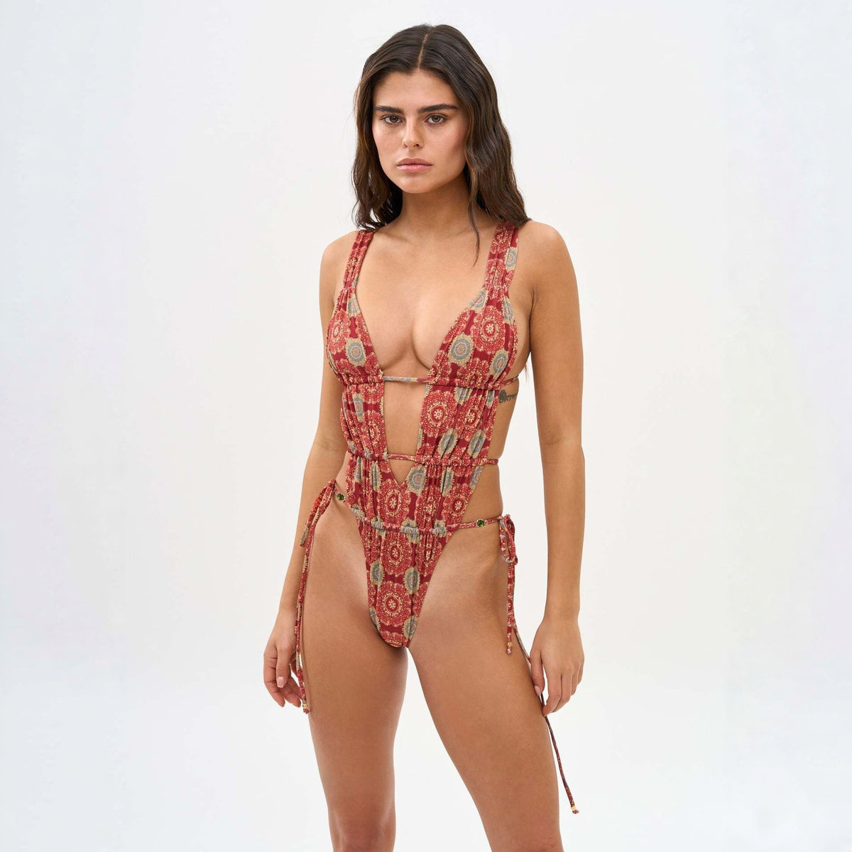 Printed Lace up One Piece Swimsuit Women Deep V Plunge neck Backless Sexy Bikini Micoo
