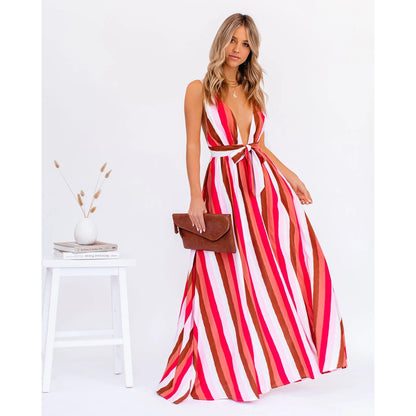 Sexy Strap Deep V Plunge Striped Casual Dress Home Loose Lace up Large Swing Oyrina