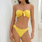 Maillot de bain bikini tube haut fendu à lacets couleur unie en dentelle