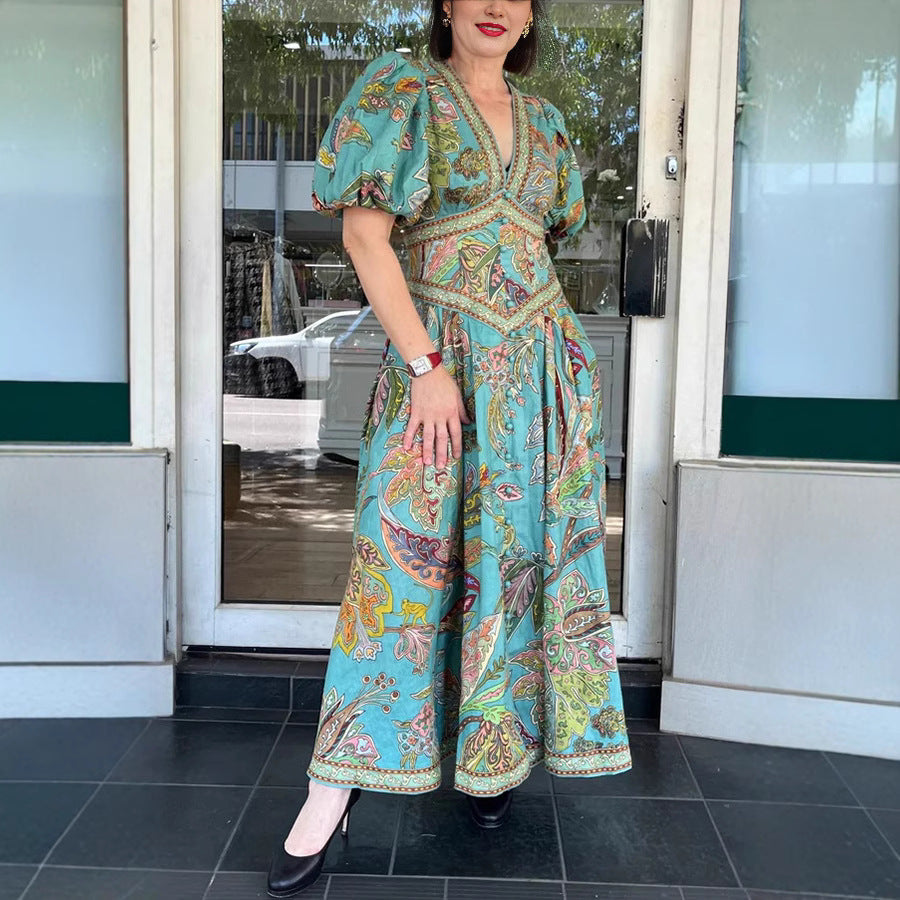 Spring Summer Printed Lantern Sleeve Dress Casual Loose Vacation Dress Women Oyrina