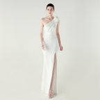 One Shoulder Three Dimensional Floral Satin Folding High Slit Sexy Evening Dress Dinner Wedding Social