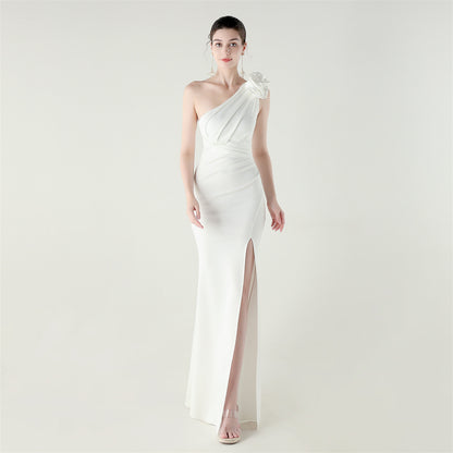 One Shoulder Three Dimensional Floral Satin Folding High Slit Sexy Evening Dress Dinner Wedding Social