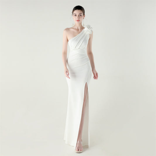 One Shoulder Three Dimensional Floral Satin Folding High Slit Sexy Evening Dress Dinner Wedding Social