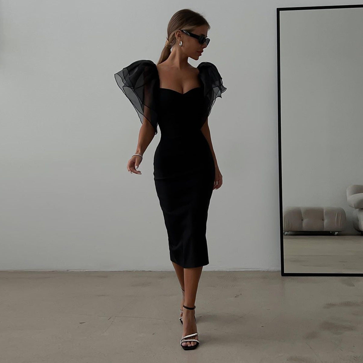Spring Summer Tight Sexy Dress for Women Black Mesh Ruffle Sleeve Square Collar Midi Dress for Women BESSY