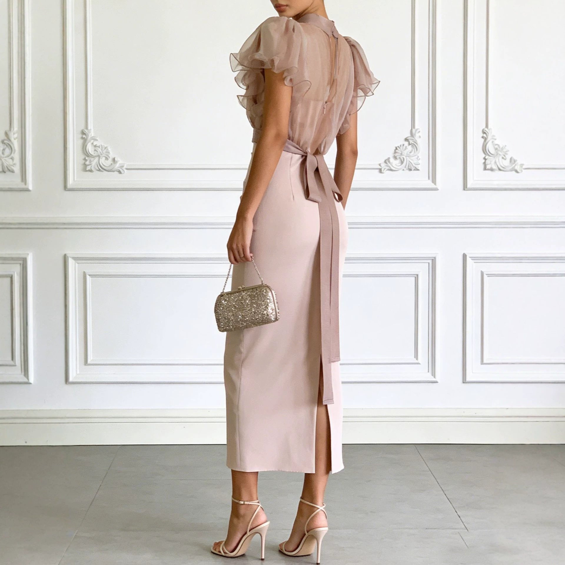 Fashionable Sheer Mesh Lace up Waist Controlled Top Strap Sheath Dress Venly