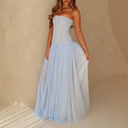 Light Blue Mesh Tube Top Maxi Dress Beach Vacations Summer Women Flowy Ethereal Light Luxury Gown Wedding Photos Sight