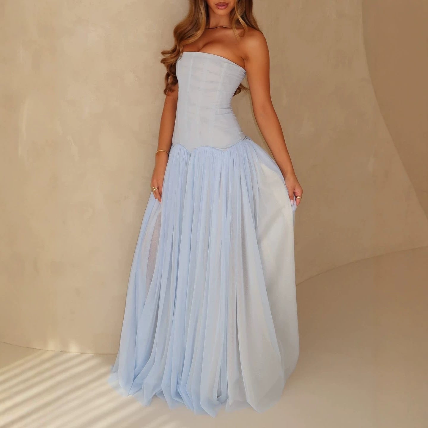 Light Blue Mesh Tube Top Maxi Dress Beach Vacations Summer Women Flowy Ethereal Light Luxury Gown Wedding Photos Sight