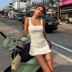 Spring Summer Square Collar Sleeveless Ruffled Hem Slim Knitted Cami Dress Zinnia