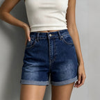 Summer Dark Blue Retro Elastic High Waist Casual Women Denim Shorts Shocen