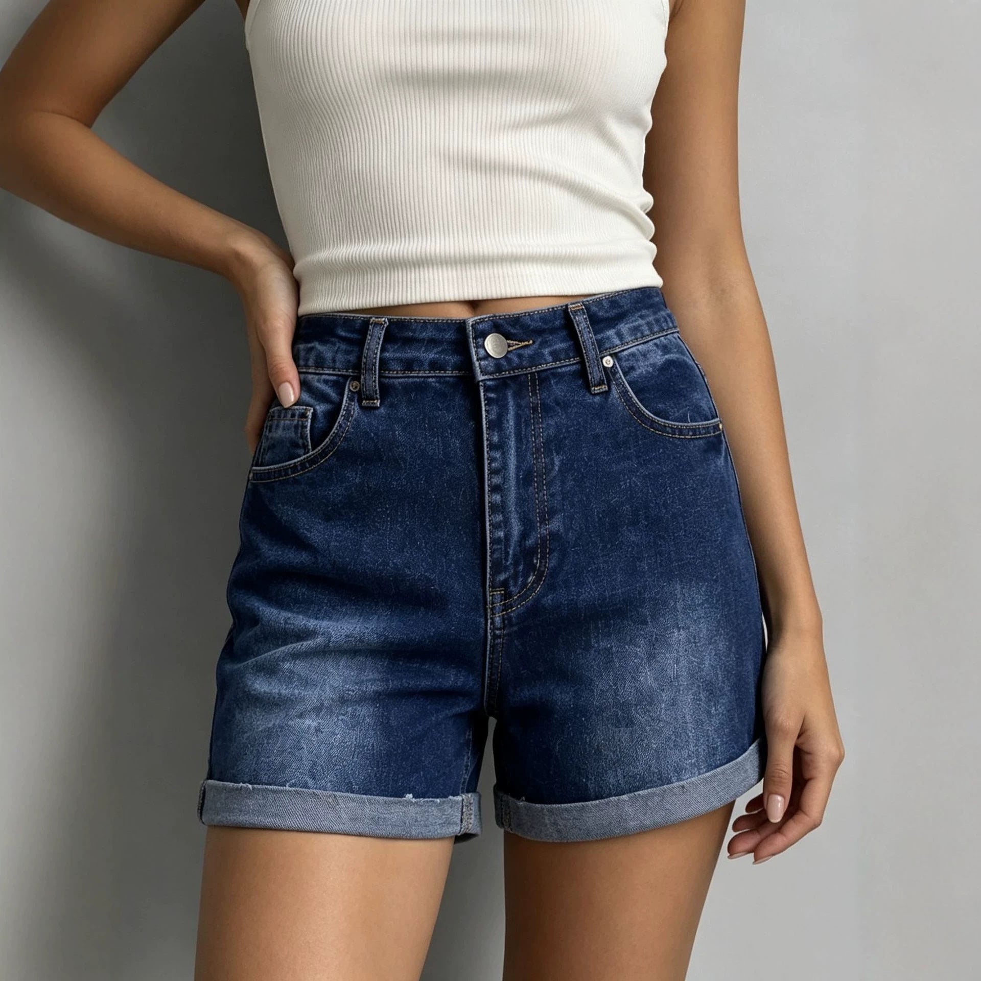 Summer Dark Blue Retro Elastic High Waist Casual Women Denim Shorts Shocen