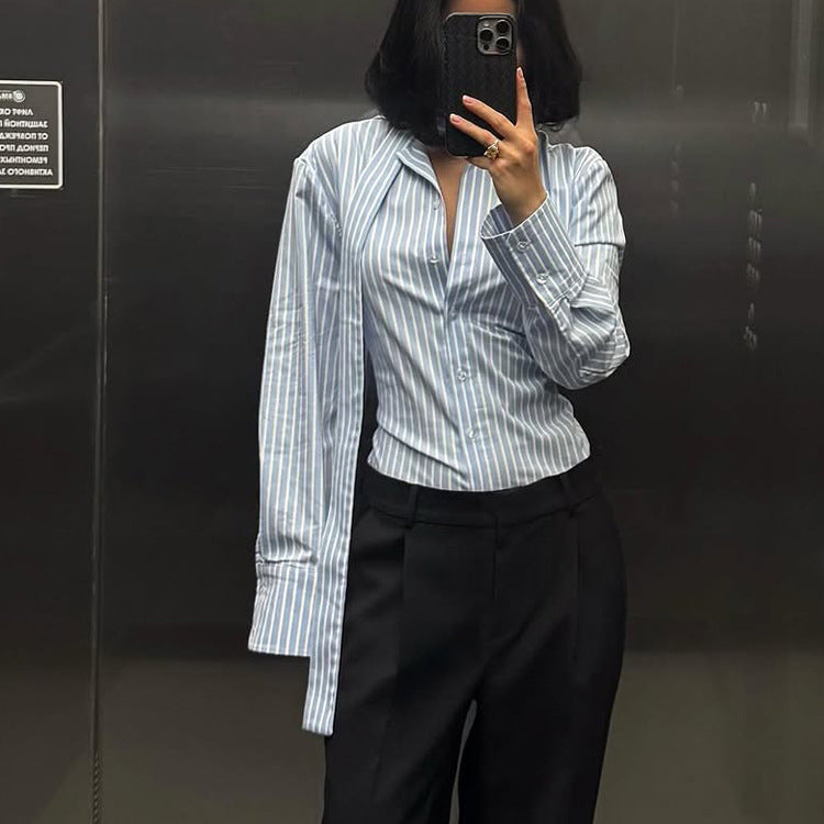 Women Clothing Striped Collared Shirt Women Waist Controlled Long Sleeves Lace up Cardigan Shirt Top Kigali